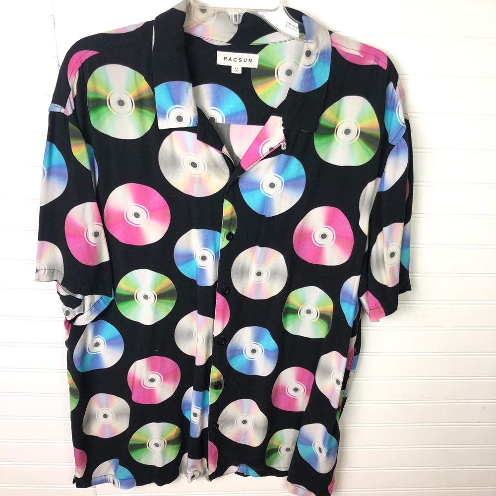 PacSun Vintage Button Down Shirt with Colorful CD Print